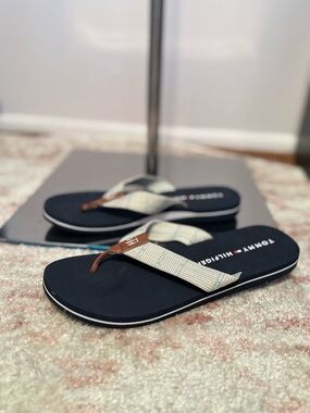 Tommy Hilfiger Navy, Cream & Brown Logo Flip Flops